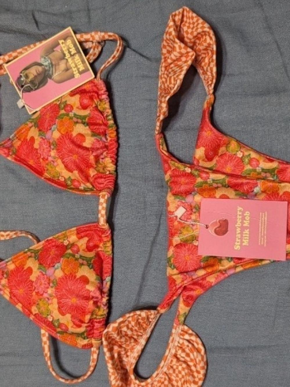 Strawberry Milk Mob Floral Bandeau Bikini Top in Pink & Orange
